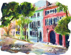 Sketch of Rainbow Row in Charleston, SC. Watercolor Painting by Jennifer Branch.