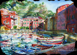 Vernazza Harbor Watercolor painting Watercolor Painting by Jennifer Branch.