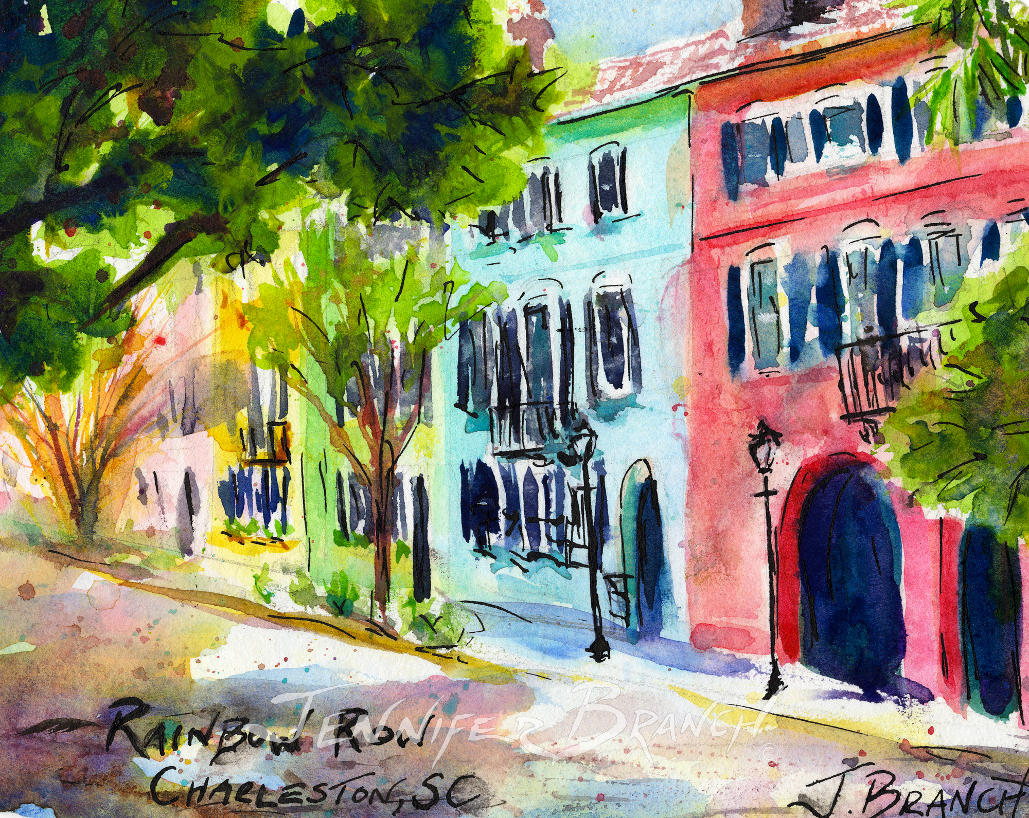 Sketch of Rainbow Row in Charleston, SC. by Jennifer Branch